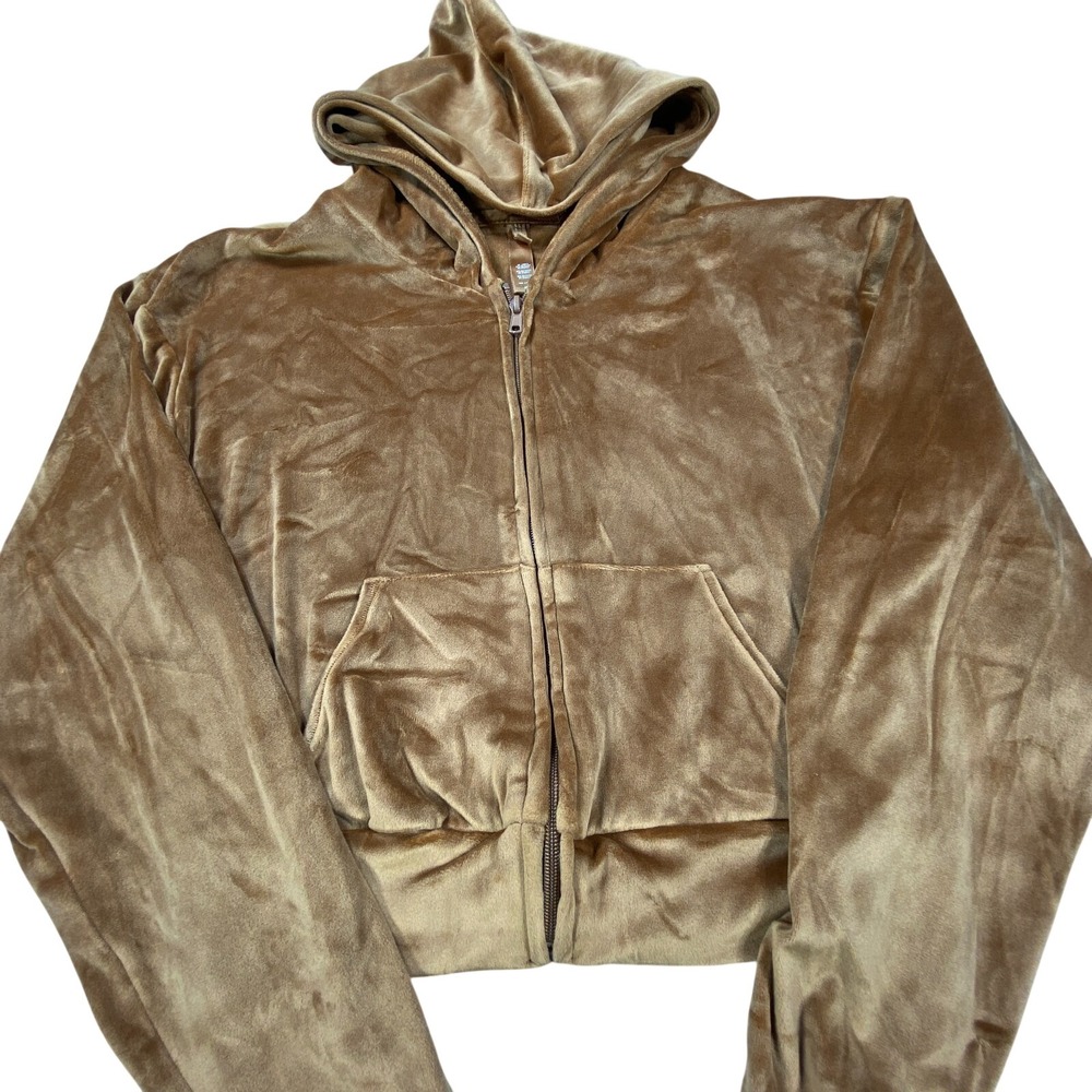 Skims Hoodie Cropped Womens‎ M Brown Copper Velour Zip Up Sweatshirt Kangaroo